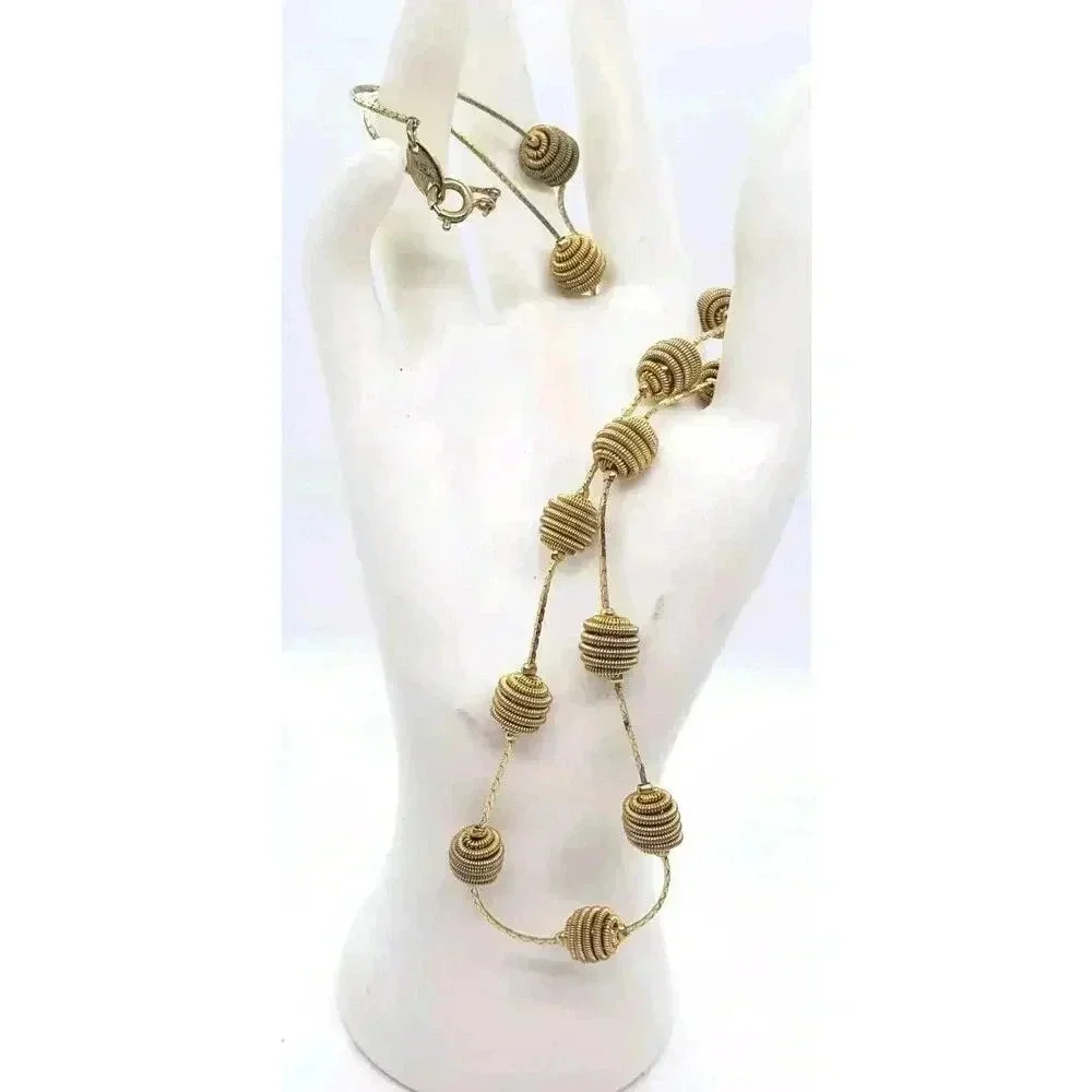 Vintage Trifari Gold Wired Ball Necklace Long Chain Signed 1980s